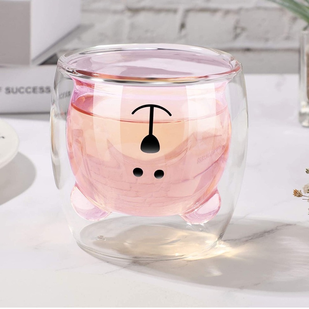 New! Set of 2 Cute Bear Tea Cups Double Wall Glass 250 ML (Pink Bear)